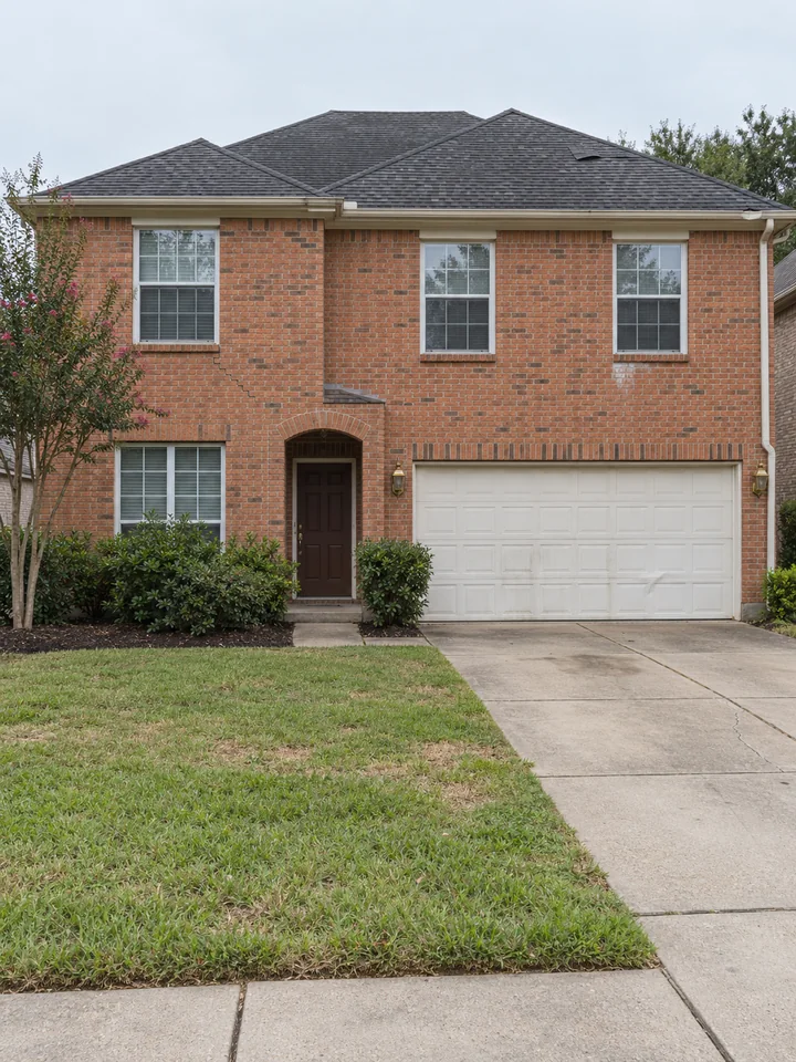 Before: a two-story house with orange brick, seen from the curb
